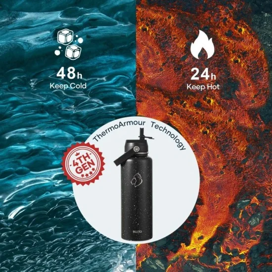 Buzio Duet Series Water Bottle with 2 Lids and Sleeve 1.2L - Starry Black